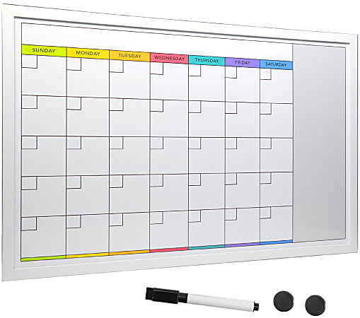 Excello Global Products Magnetic Dry-Erase Monthly Calendar Whiteboard, Porcelain, 20" x 30", White Wood Frame