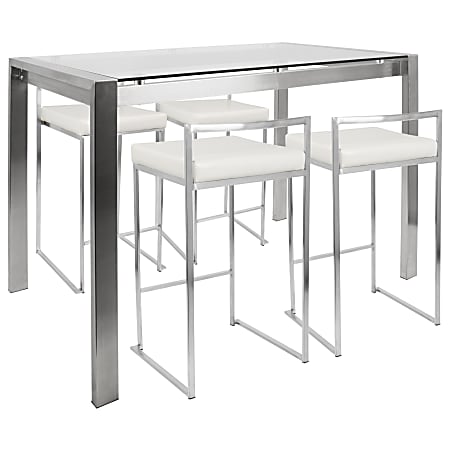 Lumisource Fuji Counter-Height Table With 4 Stools, White/Stainless Steel