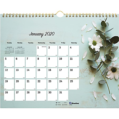 Blueline Romantic Floral Wall Calendar - Julian Dates - Monthly - January 2021 till December 2021 - Twin Wire - Floral - Reminder Section, Moon Phases, Holiday Listing, Reference Calendar, Unruled Daily Block - 1 Each