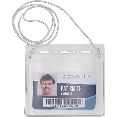 Advantus Horizontal ID Card Holder with Neck Cord - Support 4" x 3" Media - Horizontal - Vinyl - 25 / Pack - White, Clear