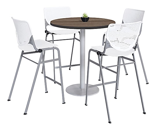 KFI Studios KOOL Round Pedestal Table With 4 Stacking Chairs, 41"H x 36"D, Studio Teak/White