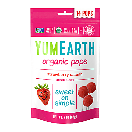 Yummy Earth Organic Strawberry Smash Lollipops, 3 Oz, Pack Of 6 Bags