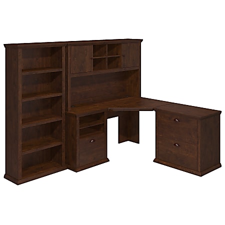 Bush Furniture Yorktown 60"W Corner Desk With Hutch, Lateral File Cabinet And 5-Shelf Bookcase, Antique Cherry, Standard Delivery