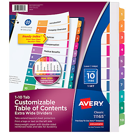 Avery® Extra-Wide Ready Index Dividers With Customizable Table of Contents For 3 Ring Binders, 9-1/4" x 11", 10-Tab Set, White Paper With Multicolored Tabs, 1 Set