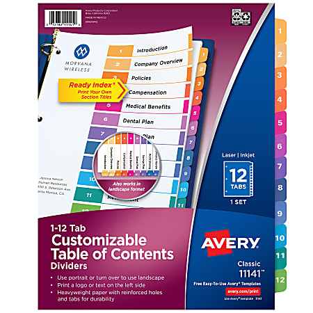 Avery® Ready Index® 1-12 Tab With Customizable Table Of Contents Binder Dividers, 8-1/2" x 11", 12 Tab, Multicolor, 1 Set