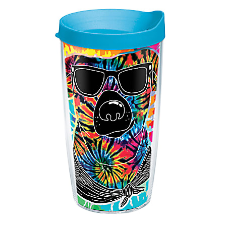 Tervis Project Paws Tumbler With Lid, Tie Dye Dog With Sunglasses, 16 Oz, Clear/Turquoise