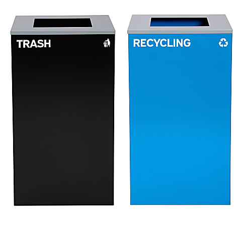 Alpine Industries Stainless-Steel Open Top Recycling And Trash Can Set With Square Lids, 29 Gallons Black/Blue, Set Of 2 Trash Cans - ALP4450-BLK-KIT1