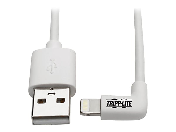 Tripp Lite Lightning to USB Sync Charge CAble Right-Angle for iPhones iPads Apple White 6ft 6' - 60 MB/s - 6 ft - 1 x Type A Male USB - 1 x Lightning Male Proprietary Connector - MFI - Nickel Plated Connector - Gold Plated Contact - White