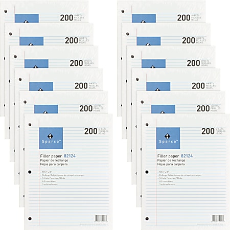 Sparco 3-hole Punched Filler Paper - 2400 Sheets - College Ruled - Ruled Red Margin - 16 lb Basis Weight - 8