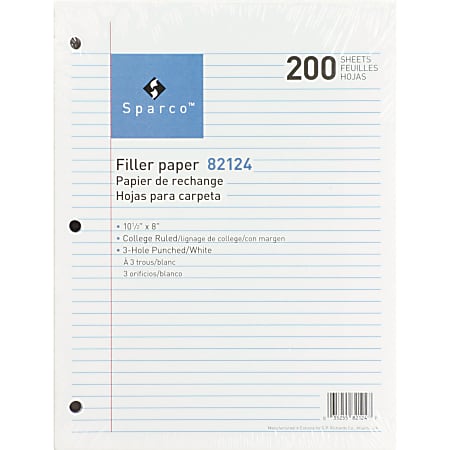 Sparco 3-hole Punched Filler Paper - 2400 Sheets - College Ruled - Ruled Red Margin - 16 lb Basis Weight - 8