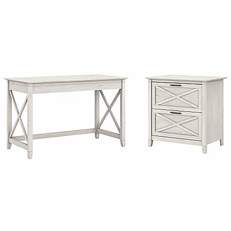 Bush Furniture Key West 48"W Writing Desk With 2-Drawer Lateral File Cabinet, Linen White Oak, Standard Delivery