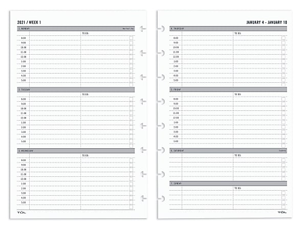 TUL® Discbound Weekly Refill Pages, Junior Size, 5-1/2" x 8-1/2", January To December 2021, TULJRFLR-TIME-RY