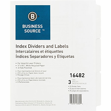 Business Source 3-Hole Punched Laser Index Tabs - 3 Tab(s) - 8.5" Divider Width x 11" Divider Length - Letter - 3 Hole Punched - White Tab(s) - Recycled - Punched, Mylar Reinforcement - 25 / Box