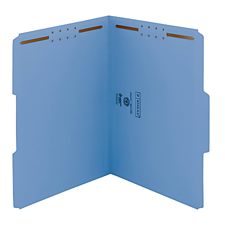 Smead® Color Reinforced Tab Fastener Folders, Letter Size, 1/3 Cut, Blue, Pack Of 50