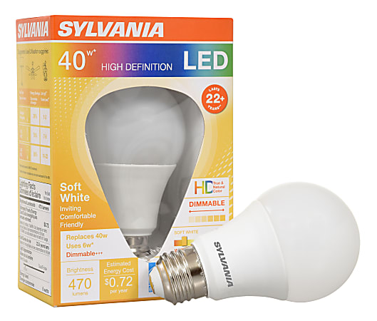 Sylvania LEDvance A19 Dimmable 470 Lumens LED Light Bulbs, 6 Watt, 2700 Kelvin/Soft White, Case Of 6 Bulbs