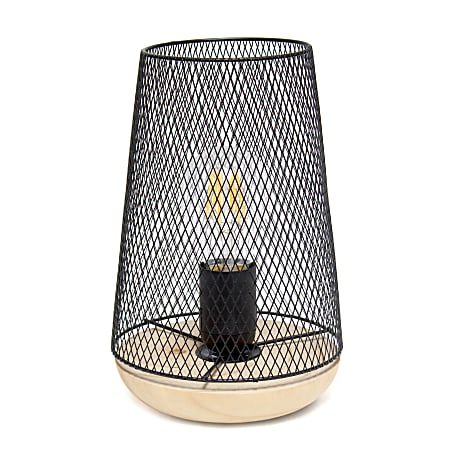Simple Designs Wired Mesh Uplight Table Lamp, 9"H, Black Shade/Natural Wood Base