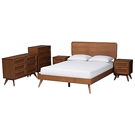 Baxton Studio Demeter Mid-Century Modern Finished Wood 5-Piece Bedroom Set, Queen Size, Walnut Brown