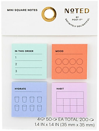 Noted By Post-it Mini To-Do Notes, 200 Total Notes, Pack Of 4 Pads, 1-7/16” x 1-7/16”, Mint, Orange, Periwinkle and Lilac, 50 Notes Per Pad