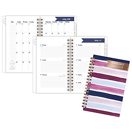 AT-A-GLANCE® Carousel Stripe Academic Weekly/Monthly Pocket Planner, 3 7/8" x 6 1/8", 30% Recycled, Navy/Pink, July 2018 to June 2019