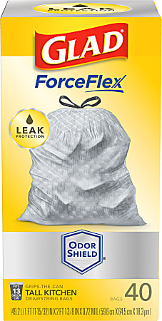 Glad ForceFlex Tall Kitchen Drawstring Trash Bags OdorShield Large Size 13  gal 4.24 Width x 8.36 Length x 4.24 Depth Gray 40Box Home Office Indoor  Outdoor Commercial Restaurant - Office Depot