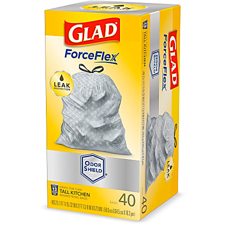 Glad ForceFlex Tall Kitchen Drawstring Trash Bags OdorShield Large Size 13  gal 4.24 Width x 8.36 Length x 4.24 Depth Gray 40Box Home Office Indoor  Outdoor Commercial Restaurant - Office Depot