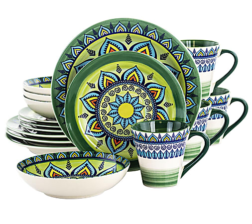 Elama 16-Piece Stoneware Dinnerware Set, Green Mozaik