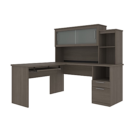 Bestar Dayton 63"W L-Shaped Corner Desk With Hutch, Bark Gray