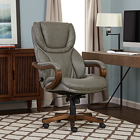 Serta® Big & Tall Bonded Leather High-Back Office Chair With Wood Accents, Mindset Gray/Espresso