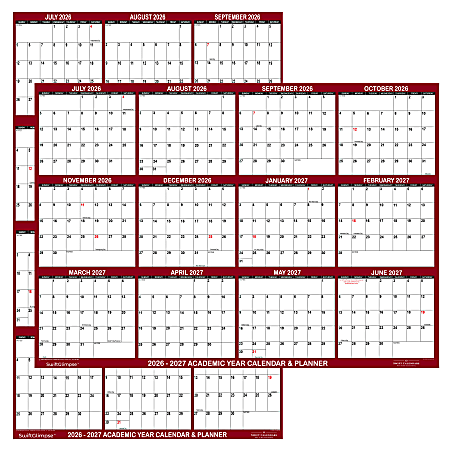 2026-2027 SwiftGlimpse Academic Monthly Wall Calendar, 36” x 24", Maroon/White, July To June, Total Qty 1