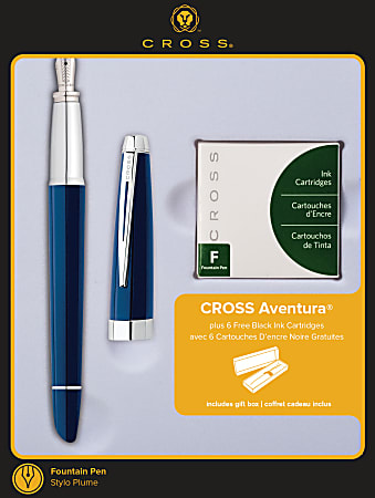 Cross® Aventura Fountain Pen, Medium Point, 0.43 mm, Blue/Chrome Barrel, Black Ink