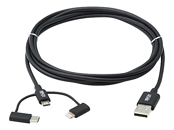 Tripp Lite USB-A to Lightning, USB Micro-B and USB-C Sync/Charge Cable, Black, 6 ft. - First End: 1 x Type A Male USB - Second End: 1 x Type C Male USB, Second End: 1 x Type B Male Micro USB, Second End: 1 x Lightning Male Proprietary Connector