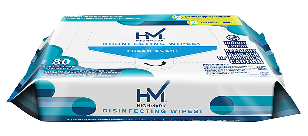 Highmark® Disinfecting Wipes1, Flat Pack, White, 7” x 8”, 80 Wipes Per Pack,