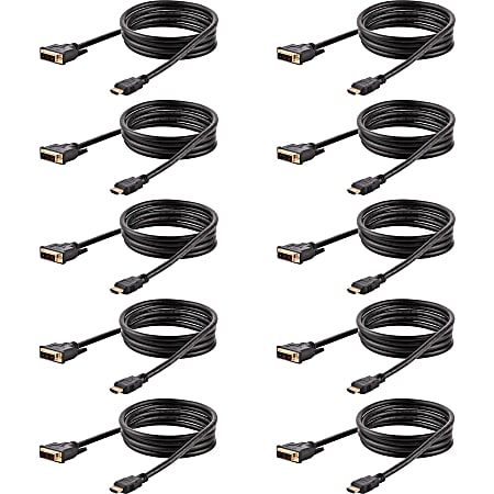 StarTech.com 6ft (1.8m) HDMI to DVI Cable, DVI-D to HDMI Display Cable (1920x1200p), 10 Pack, Black, HDMI to DVI-D Adapter Cord M/M - 1.8m/6ft 10 Pack HDMI male to DVI-Digital (19-pin) male cable; Full HD 1920x1200p 60Hz/1080p/Single link/24 Bpp