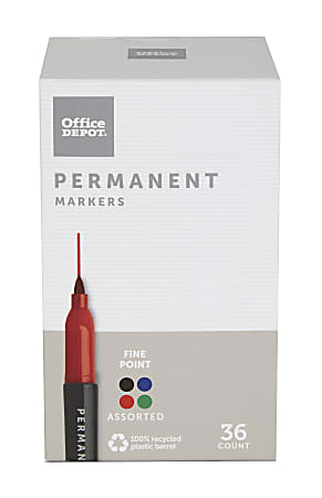 Office Depot® Brand Permanent Markers, Fine Point, 100% Recycled Plastic Barrel, Assorted Ink Colors, Pack Of 36