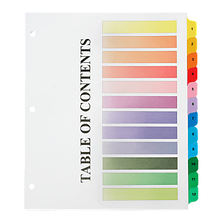 SKILCRAFT® Numerical Tab Set, 8 1/2" x 11", 30% Recycled, Set Of 12, Assorted Colors (AbilityOne 7530-01-621-5258)