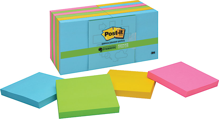 Post-it® Super Sticky Notes — Evernote® Collection, 3" x 3", Assorted Colors, 90 Sheets Per Pad, Pack Of 12 Pads