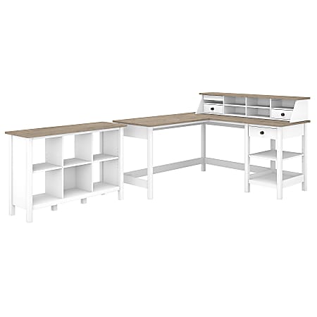 Bush Business Furniture Mayfield 60"W L-Shaped Corner Desk With Desktop Organizer And 6-Cube Bookcase, Pure White/Shiplap Gray, Standard Delivery