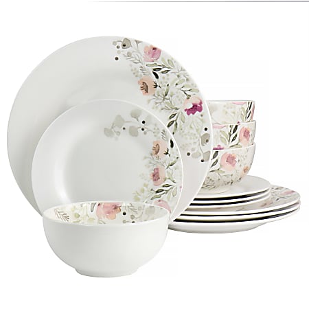 Gibson Home Lily Garden Ceramic 12-Piece Dinnerware Set, White/Pink