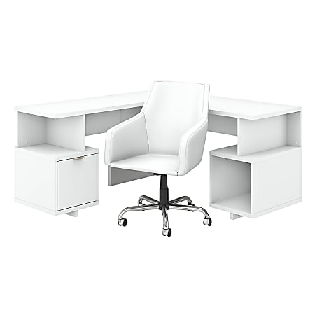 kathy ireland® Home by Bush Furniture Madison Avenue 60"W L-Shaped Desk And Chair Set, Pure White, Standard Delivery
