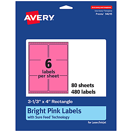Avery® Printable Labels With Sure Feed® Technology, 94215-BPP80, Rectangle, 3-1/3" x 4", Matte Bright Pink, Pack of 480