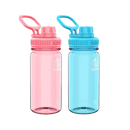 Takeya Tritan Spout Water Bottles, 18 Oz, Breezy Blue/Flutter Pink, Pack Of 2 Bottles