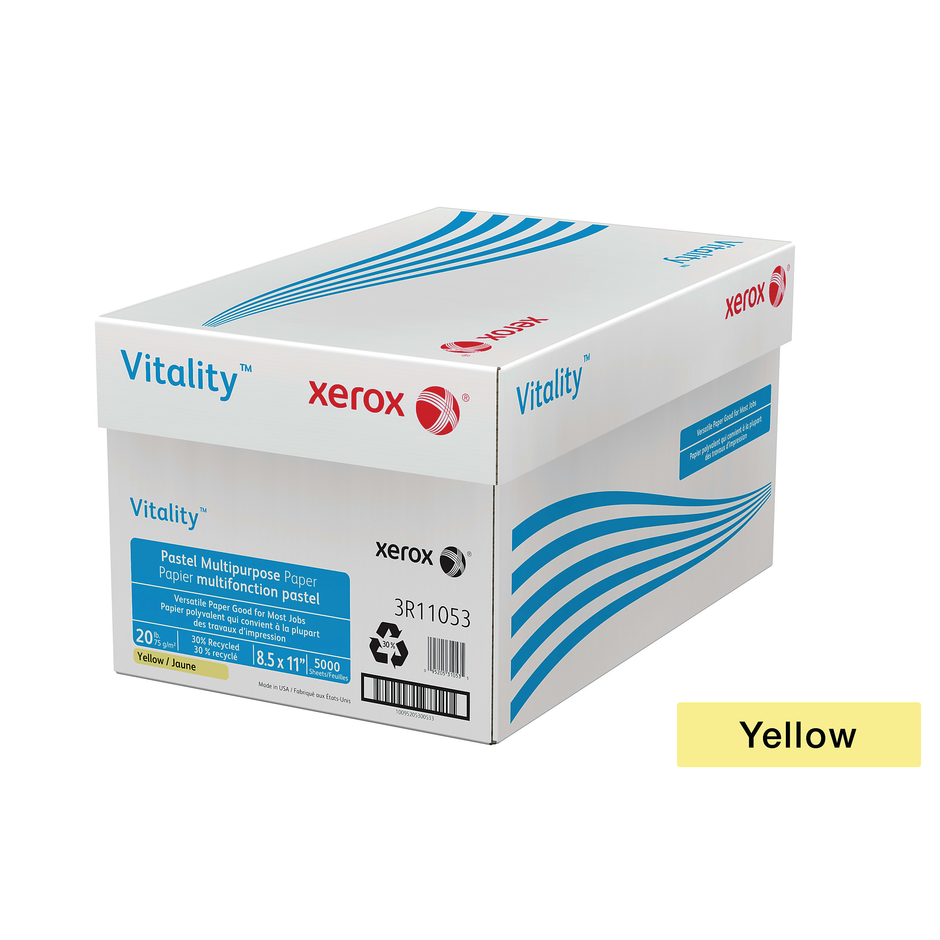 Xerox® Vitality™ Pastel Color Multi-Use Printer & Copy Paper, 10 Reams, Yellow, Letter (8.5" x 11"), 5000 Sheets Per Case, 20 Lb, FSC® Certified, 30% Recycled