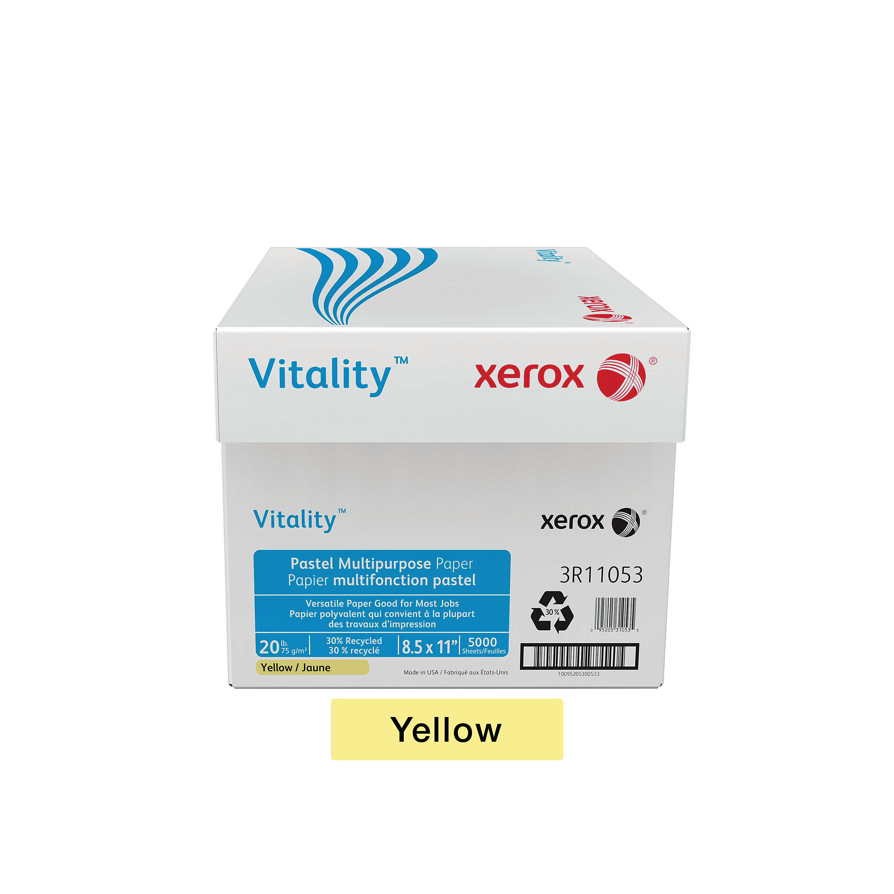 Xerox® Vitality™ Pastel Color Multi-Use Printer & Copy Paper, 10 Reams, Yellow, Letter (8.5" x 11"), 5000 Sheets Per Case, 20 Lb, FSC® Certified, 30% Recycled