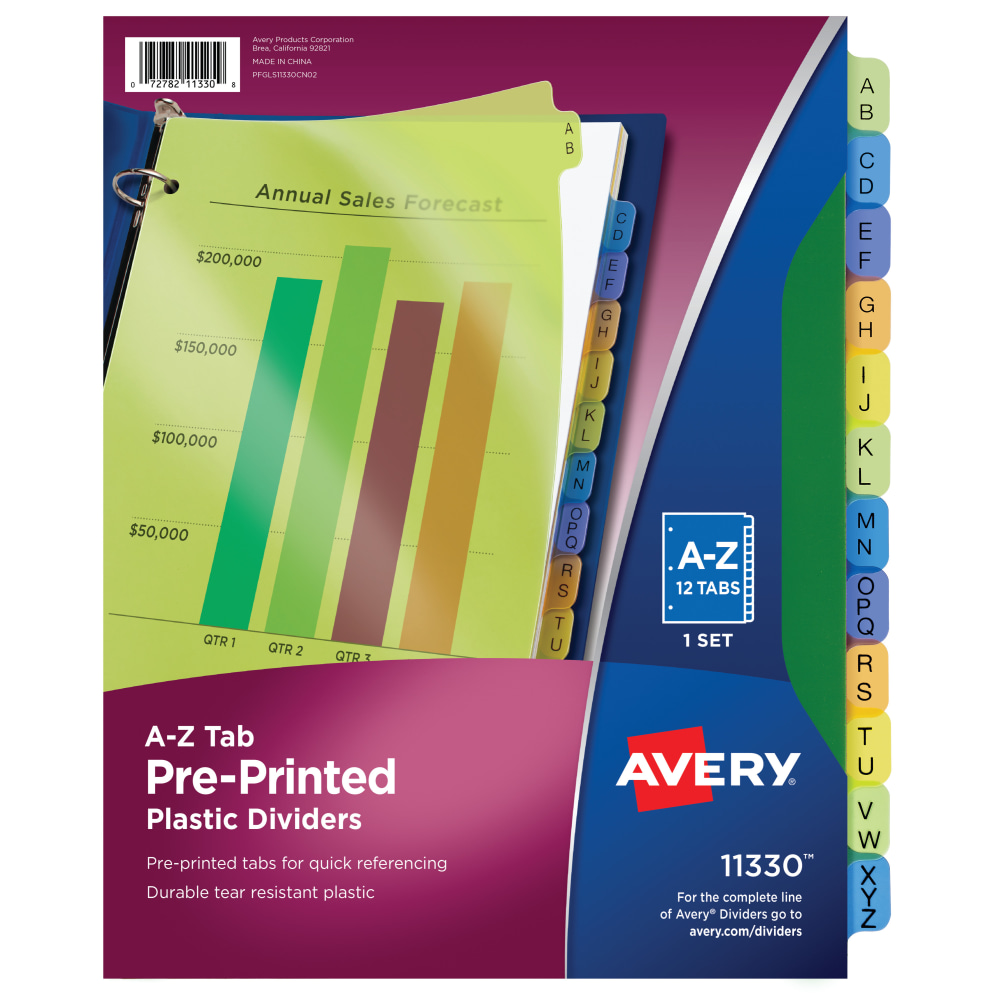 Avery® Preprinted Plastic Dividers, A-Z, 12-Tab, Multicolor, 1