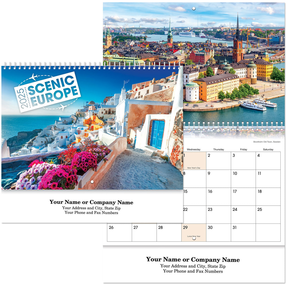Custom 13-Month Scenic Europe Spiral Wall Calendar, 11"