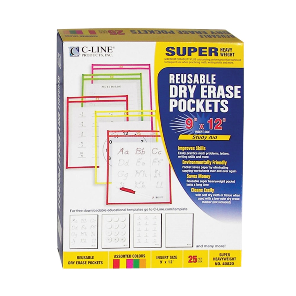 C Line® Reusable Dry-Erase Pockets, 9" x 12",