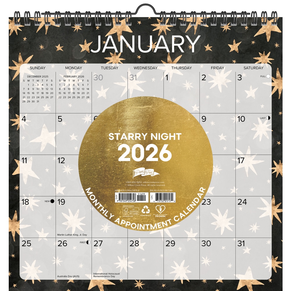 2026-2027 Willow Creek Press Monthly Spiral Wall Calendar,