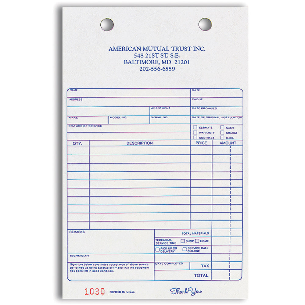 Custom Carbonless Business Forms, Pre-Formatted, Service Invoice