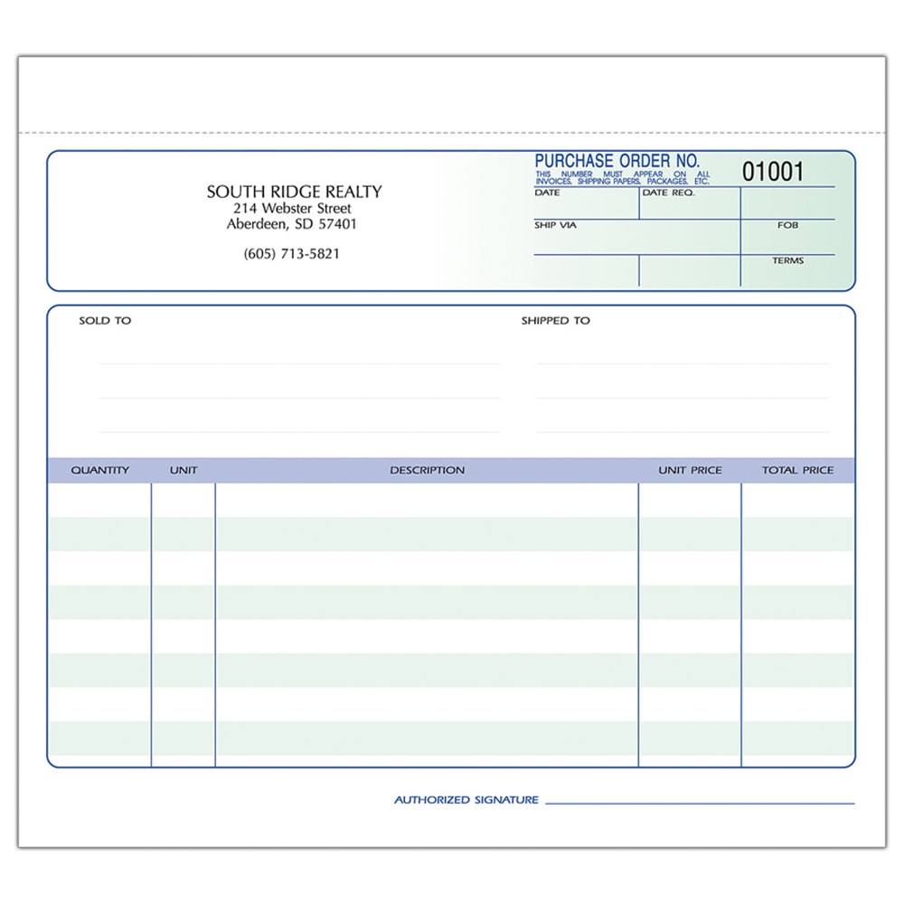 Custom Carbonless Business Forms, Pre-Formatted, Purchase Order