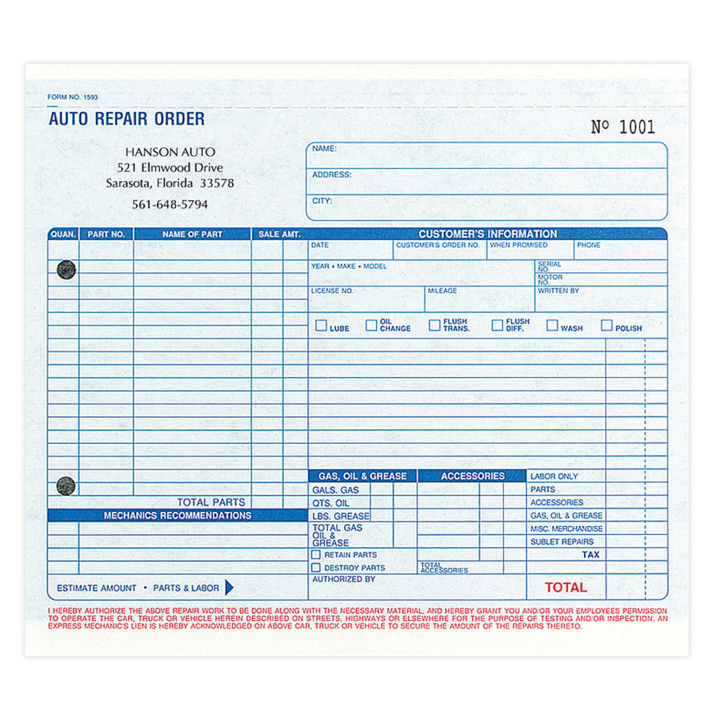 Custom Carbon Pre-Formatted, Auto Repair Order Forms, 8-1/2”